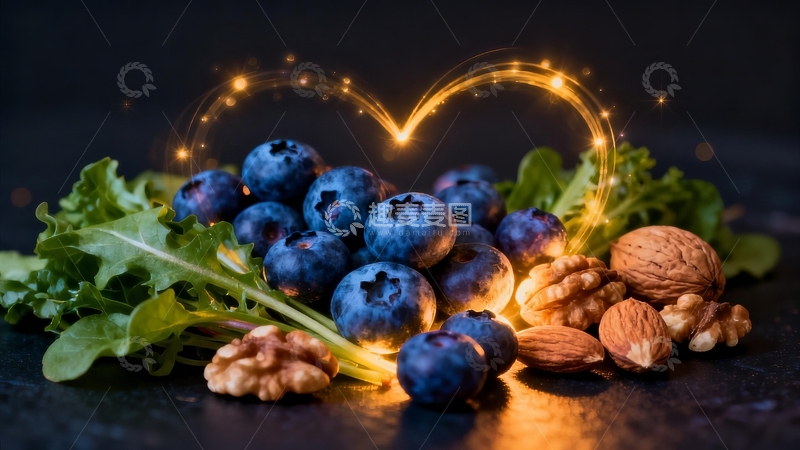 高清大图下载【趣麦麦图】蓝莓坚果与绿叶装饰的心形灯光图案