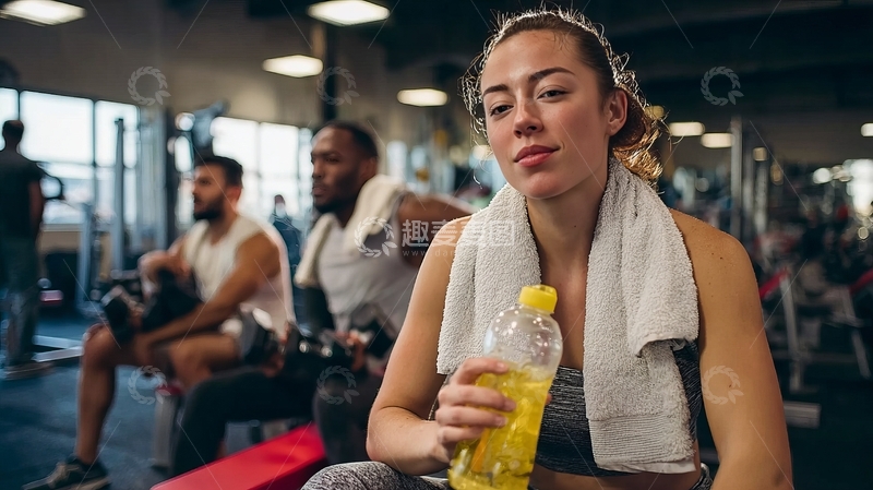 高清大图下载【趣麦麦图】健身房内一位手持饮料瓶的女性与背景中的健身者