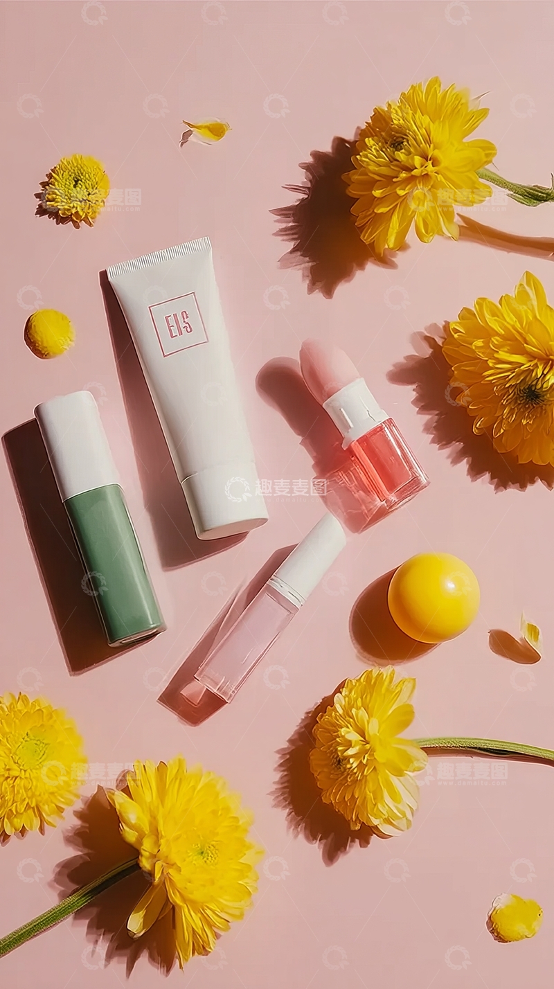 高清大图下载【趣麦麦图】粉色背景上摆放着护肤品和黄色花朵的静物摄影