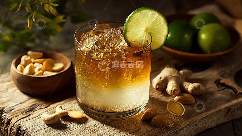高清大图下载【趣麦麦图】一杯冰镇饮品搭配坚果和青柠置于木质桌面上