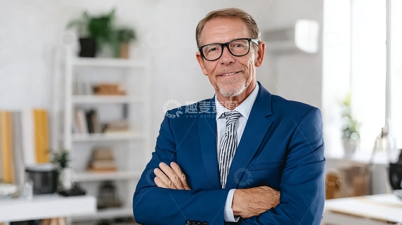 高清大图下载【趣麦麦图】穿着蓝色西装的成熟男士在办公室环境中双臂交叉站立