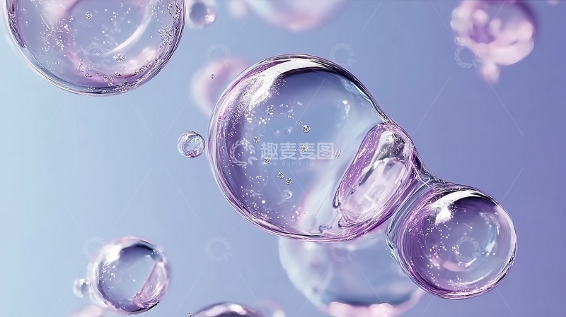 高清大图下载【趣麦麦图】紫色背景下透明气泡漂浮的微观景象