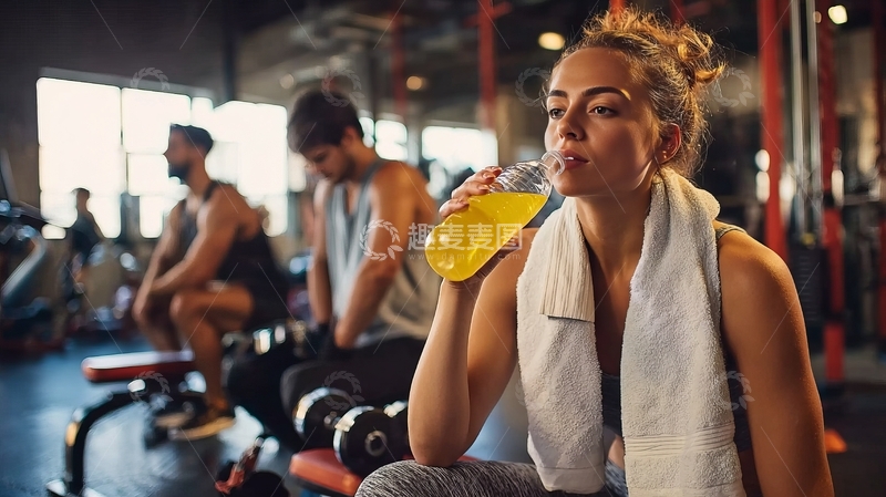 高清大图下载【趣麦麦图】健身房内女子运动后喝水休息