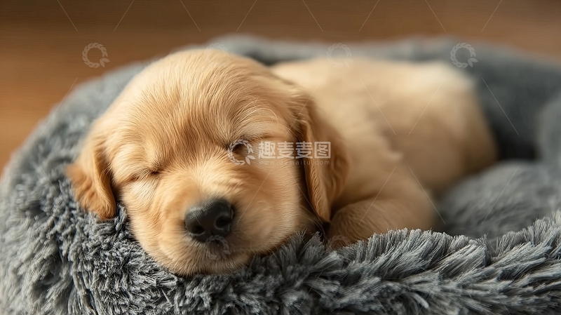 高清大图下载【趣麦麦图】金毛幼犬在灰色绒毯上安睡