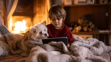 男孩与宠物狗在温暖灯光下共读平板