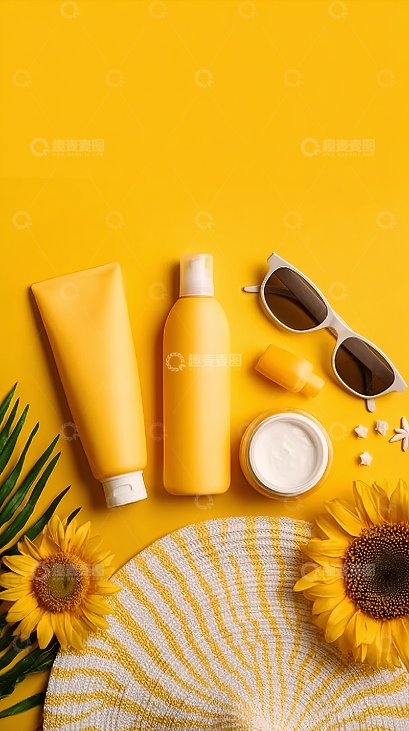 高清大图下载【趣麦麦图】-黄色化妆品与太阳花装饰的夏日美妆场景
