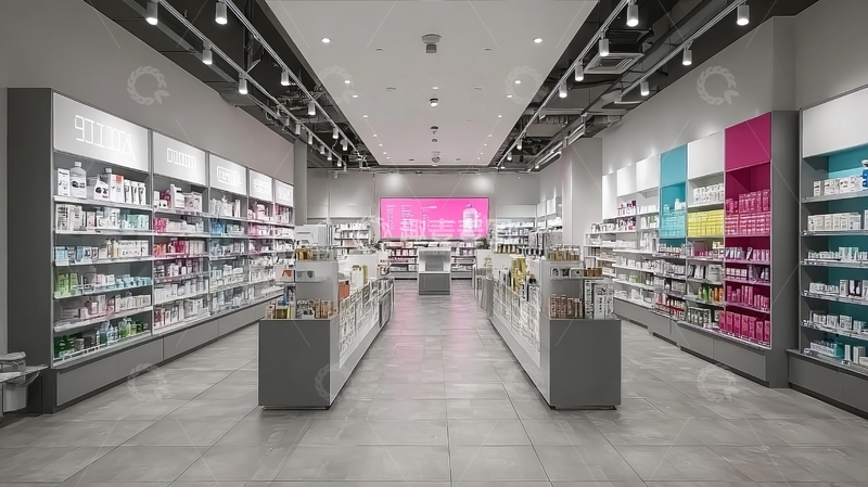 高清大图下载【趣麦麦图】现代化药店内部陈列整齐货架明亮整洁