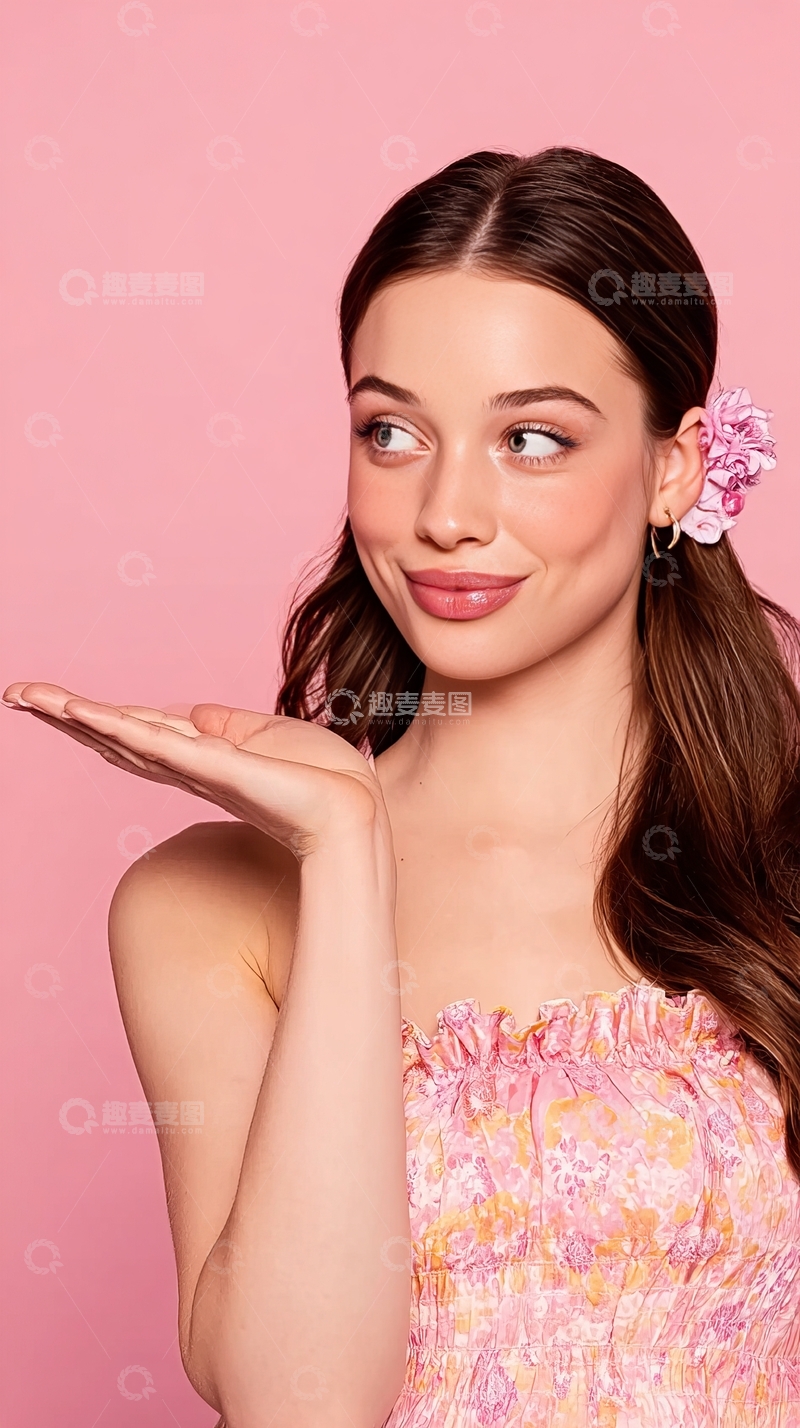 高清大图下载【趣麦麦图】粉色背景前微笑挥手的年轻女性