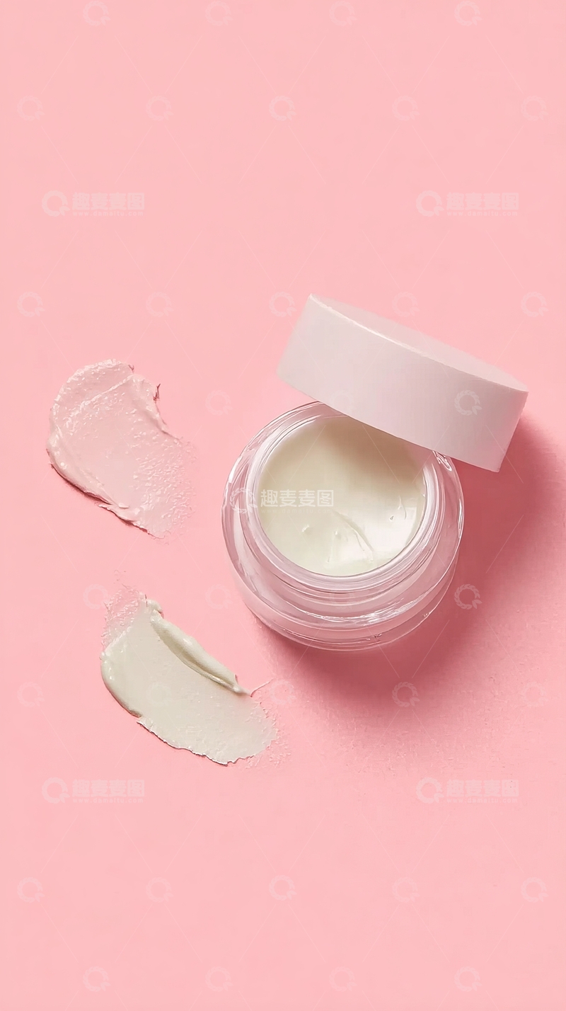 高清大图下载【趣麦麦图】粉色背景上的护肤品开盖展示