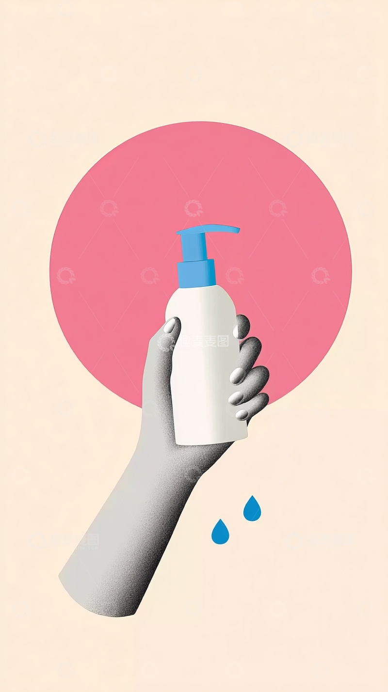高清大图下载【趣麦麦图】手握白色瓶装液体滴落水珠的简约艺术插画