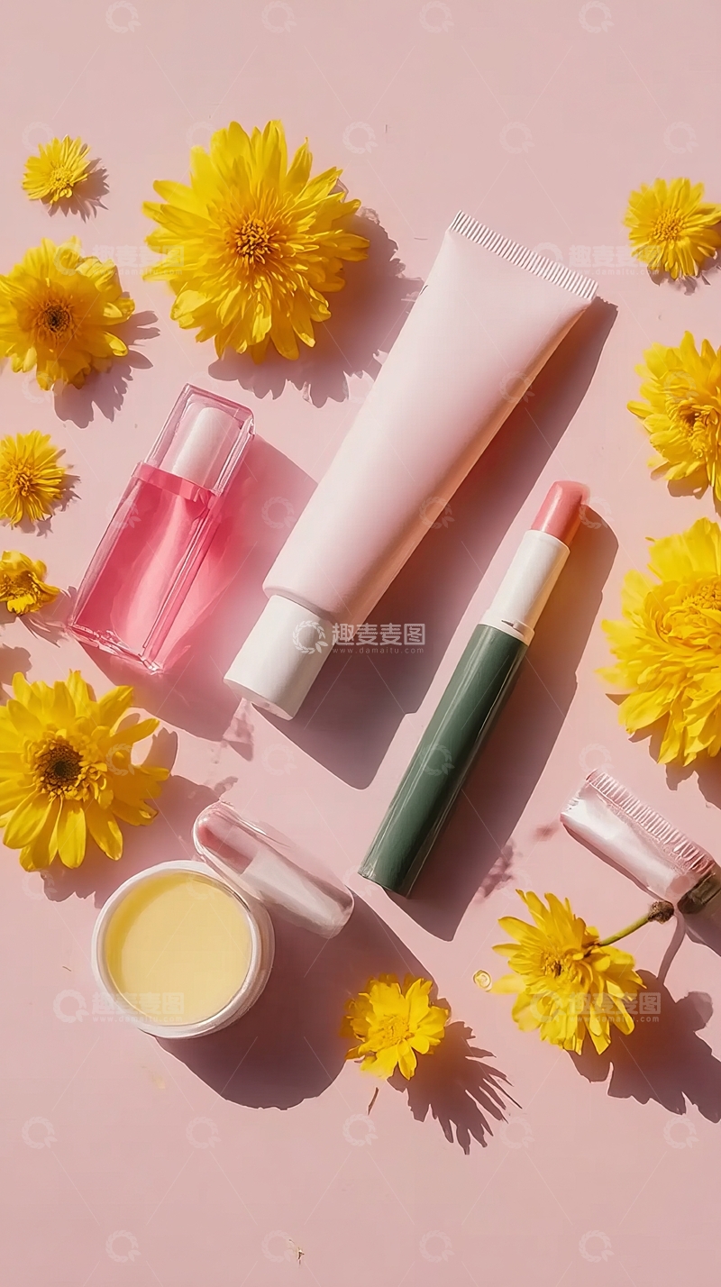 高清大图下载【趣麦麦图】粉色背景上的化妆品与黄色花朵的静物拍摄
