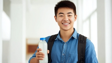 年轻男子手持瓶装饮品面带微笑