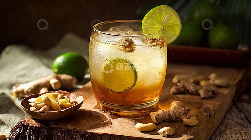 高清大图下载【趣麦麦图】一杯装有冰块柠檬片和坚果的饮品置于木质托盘上
