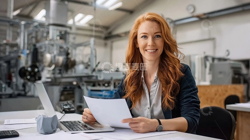 红发女子在工厂办公室手持文件微笑