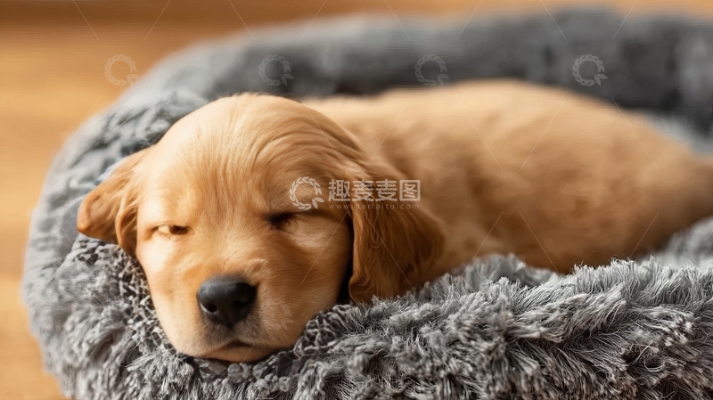 高清大图下载【趣麦麦图】金毛幼犬在灰色毛绒窝中熟睡