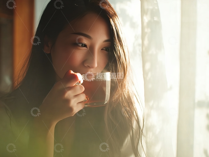 女子在窗边手持透明杯饮茶神情宁静