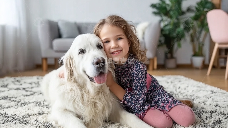 高清大图下载【趣麦麦图】小女孩与金毛犬在室内温馨互动