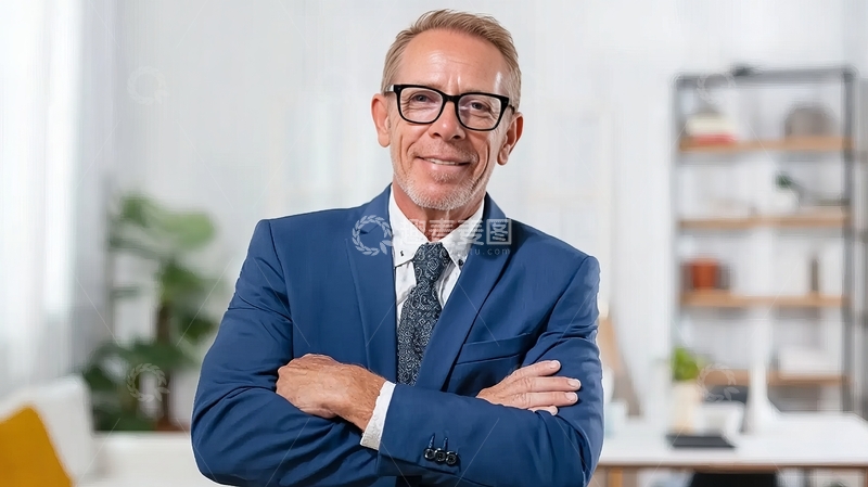 高清大图下载【趣麦麦图】戴眼镜的成熟男士在办公室环境中双臂交叉微笑