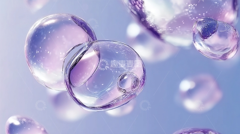 高清大图下载【趣麦麦图】透明气泡悬浮于淡紫色背景中