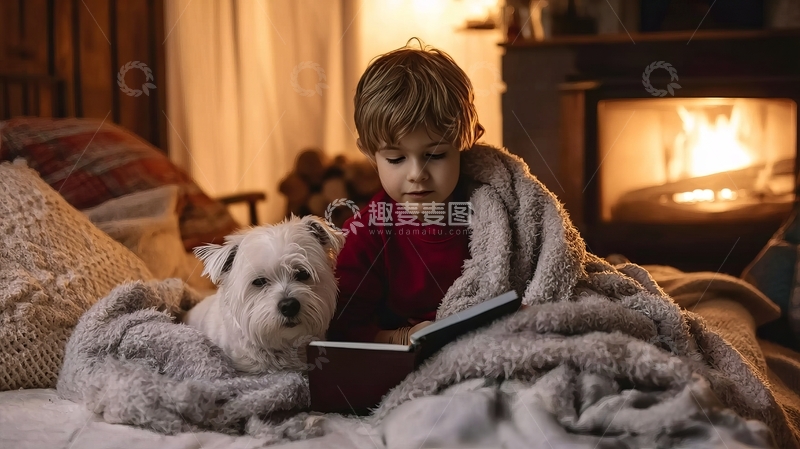 高清大图下载【趣麦麦图】男孩与小狗在温暖灯光下共读