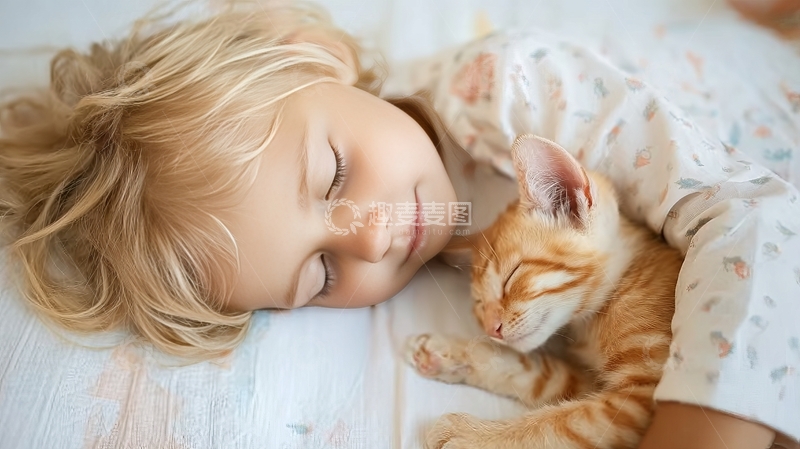 高清大图下载【趣麦麦图】金发小女孩与橘猫亲密依偎安睡