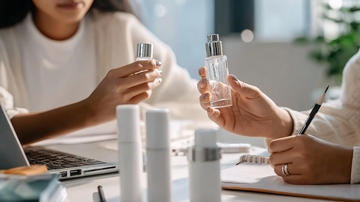 两人在办公桌前展示和记录护肤品瓶