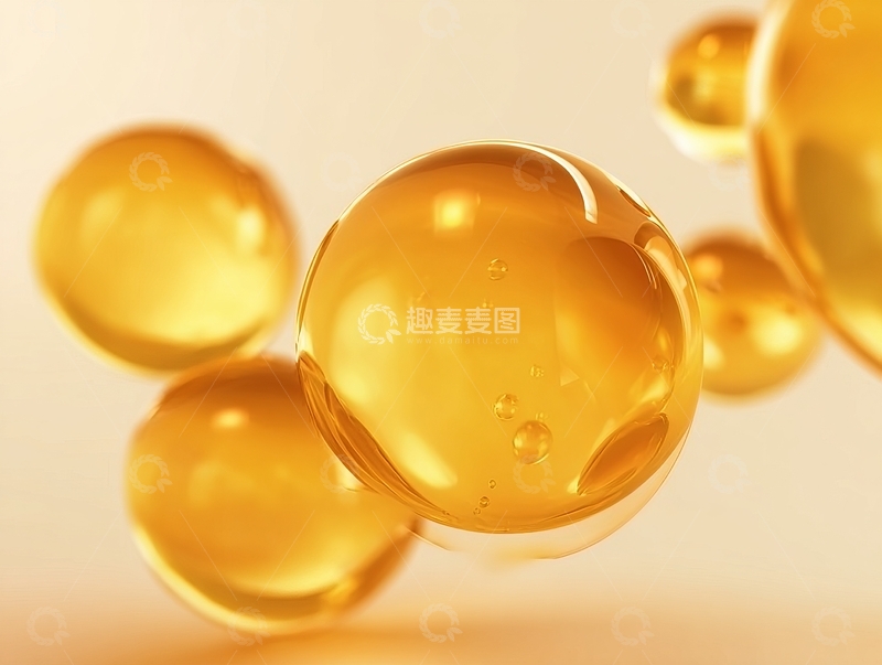 高清大图下载【趣麦麦图】金黄色透明液滴在柔和光线下漂浮