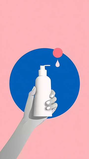 手持白色瓶装护肤品背景为粉色与蓝色圆形图案