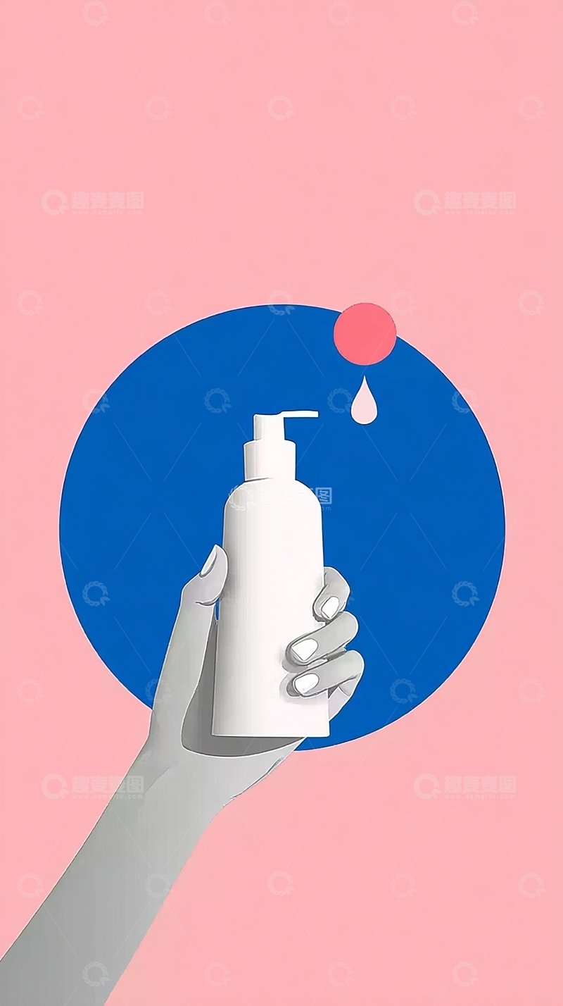 高清大图下载【趣麦麦图】手持白色瓶装护肤品背景为粉色与蓝色圆形图案