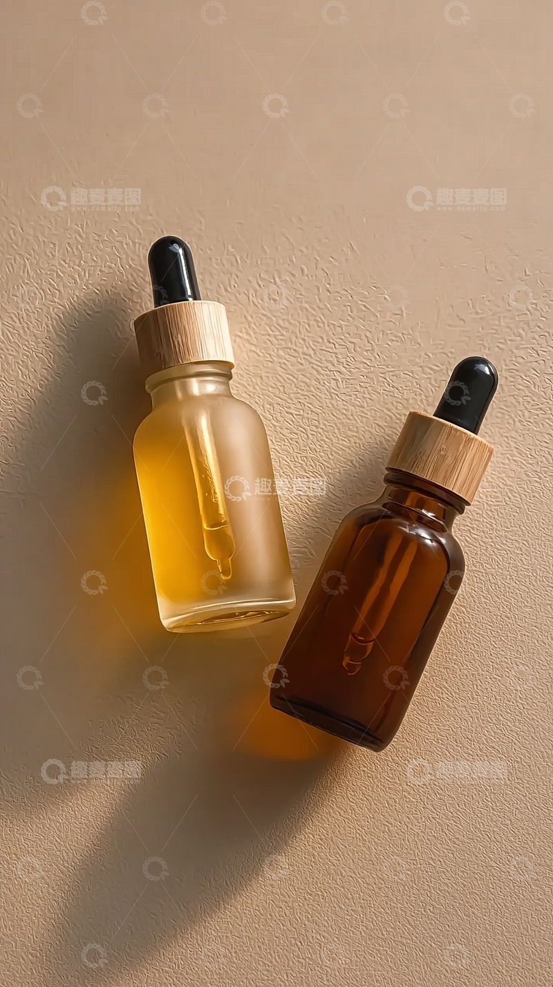 高清大图下载【趣麦麦图】-两瓶精油滴管瓶置于浅色背景上