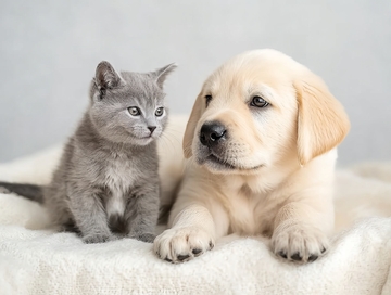 小猫与小狗亲密依偎在柔软毯子上