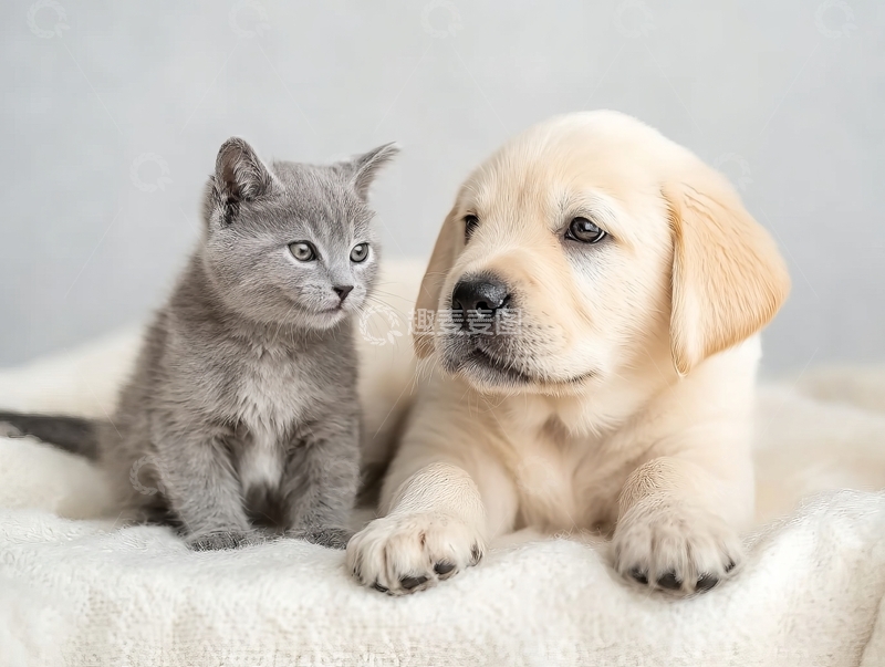 高清大图下载【趣麦麦图】小猫与小狗亲密依偎在柔软毯子上