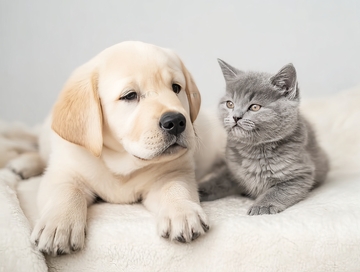 小狗与小猫并排躺在柔软毯子上