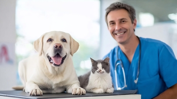 兽医与宠物狗猫在诊所内合影