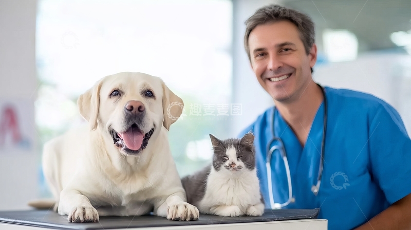 高清大图下载【趣麦麦图】兽医与宠物狗猫在诊所内合影