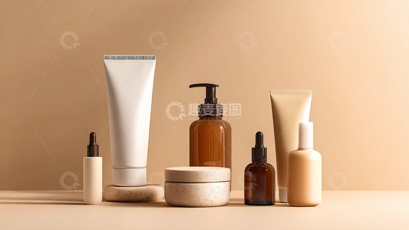 高清大图下载【趣麦麦图】多种化妆品瓶罐在柔和光线下排列展示