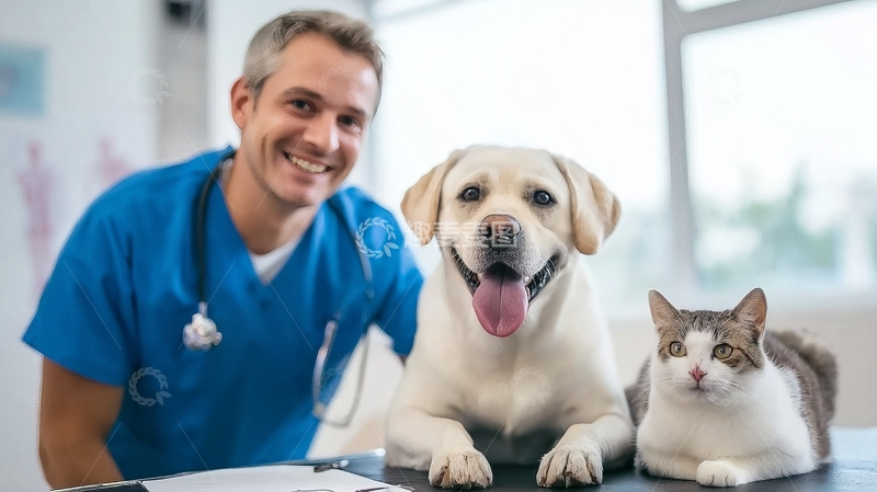 高清大图下载【趣麦麦图】兽医与宠物狗猫在诊室内合影微笑