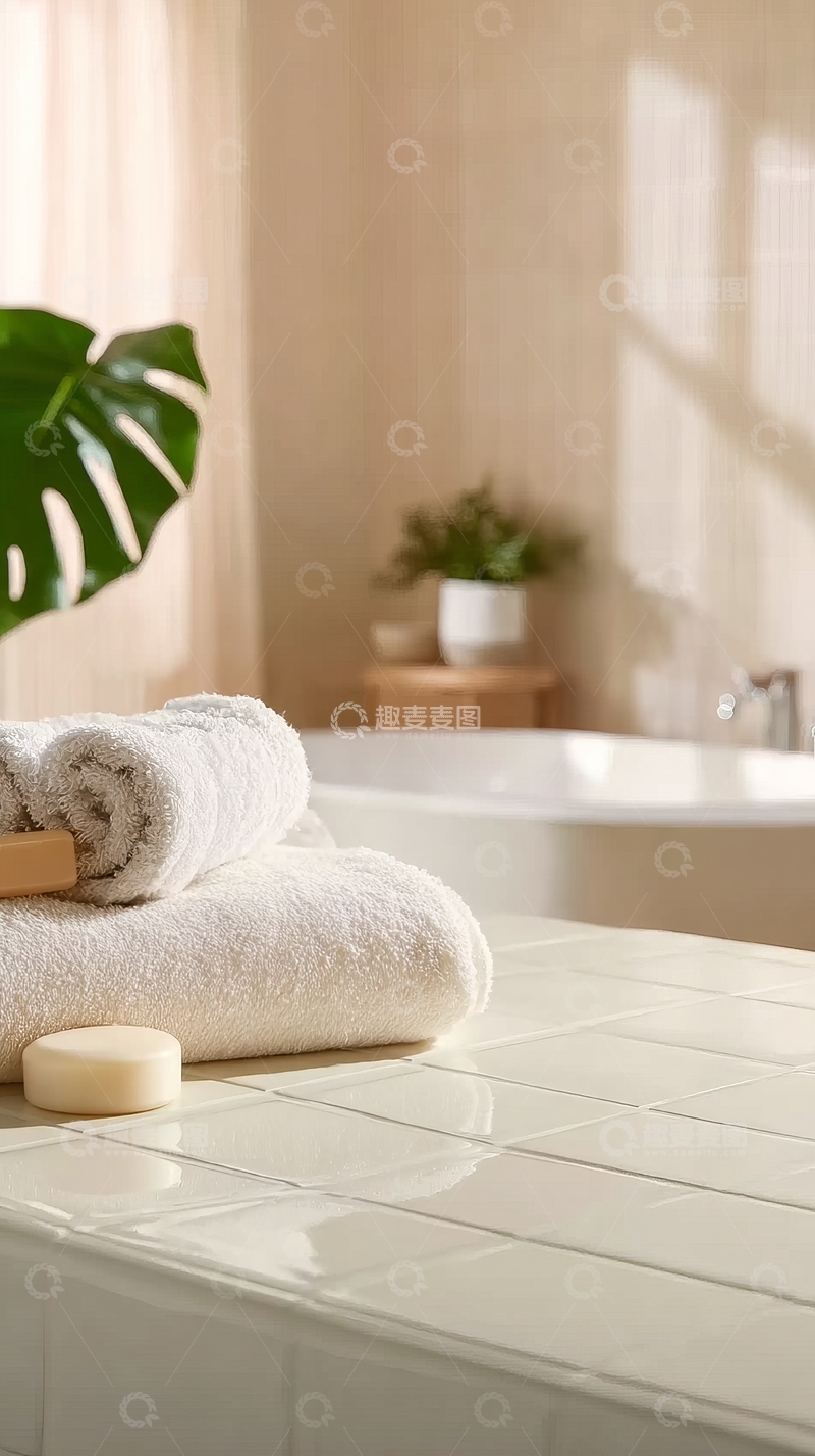 高清大图下载【趣麦麦图】明亮浴室中浴巾与绿植的宁静角落