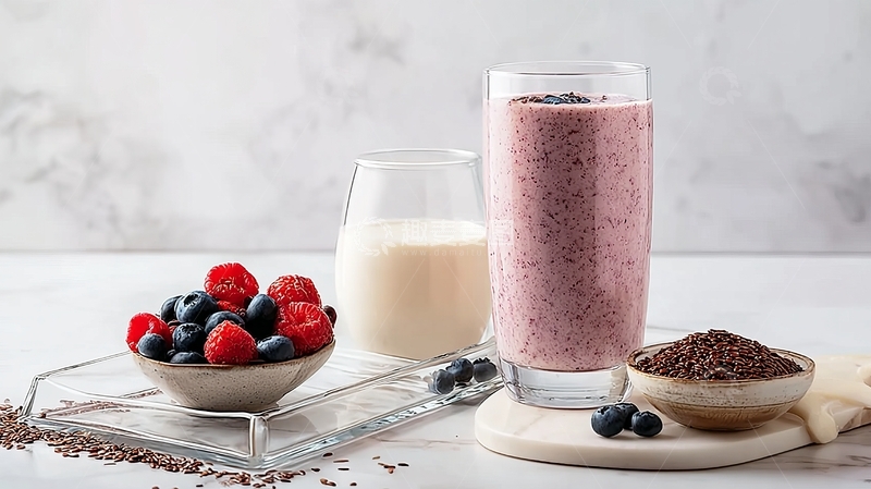 高清大图下载【趣麦麦图】一杯粉色浆果奶昔搭配新鲜水果和坚果