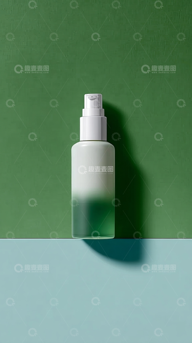 高清大图下载【趣麦麦图】绿色渐变背景下的透明喷雾瓶静物摄影
