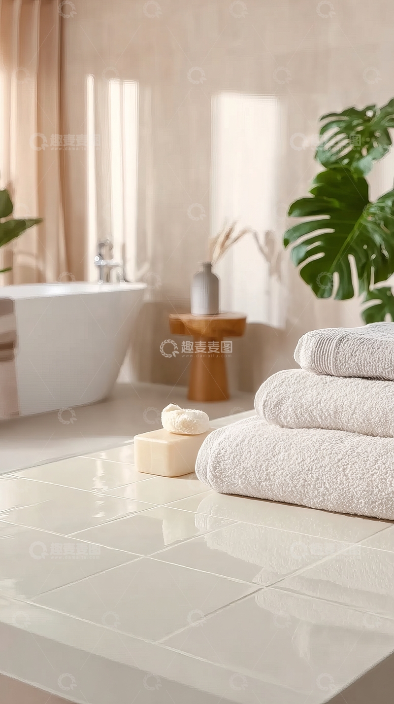 高清大图下载【趣麦麦图】现代浴室一角铺着白色瓷砖摆放着毛巾和香皂