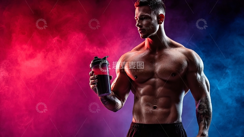 高清大图下载【趣麦麦图】肌肉发达的男子手持蛋白粉摇杯背景为红蓝烟雾