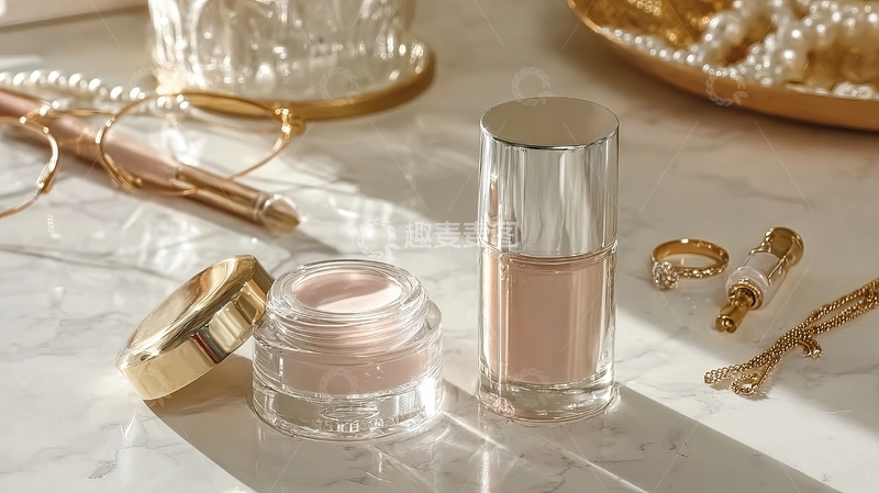 高清大图下载【趣麦麦图】化妆品与珠宝饰品在大理石台面上的优雅静物