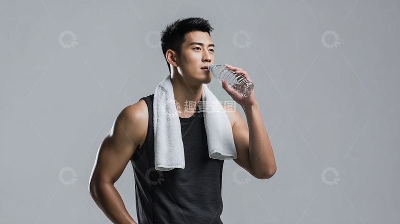 高清大图下载【趣麦麦图】肌肉男身穿黑色背心肩搭毛巾手持水杯