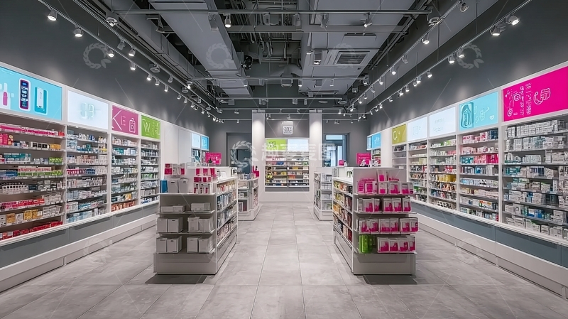 高清大图下载【趣麦麦图】现代化药店内部宽敞明亮货架整齐排列