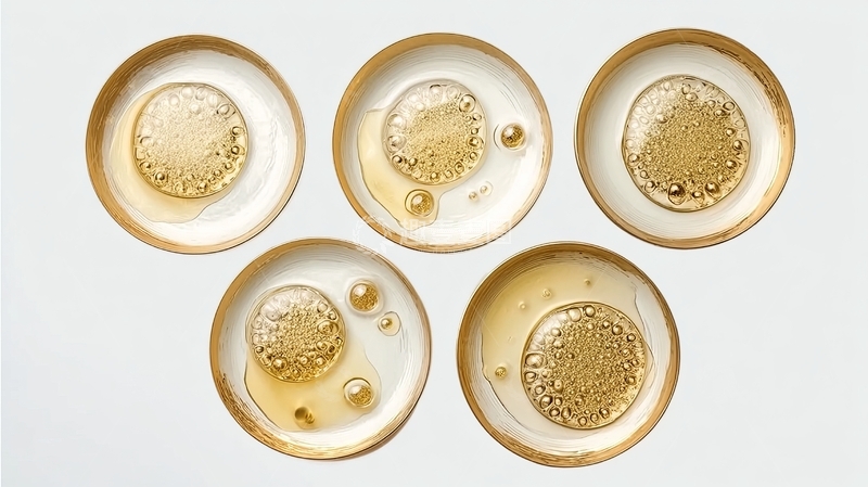 高清大图下载【趣麦麦图】五个培养皿中展示的金色液体样本