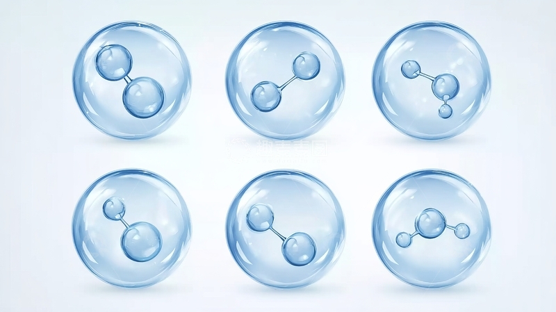 高清大图下载【趣麦麦图】六组蓝色透明分子结构球体图案展示