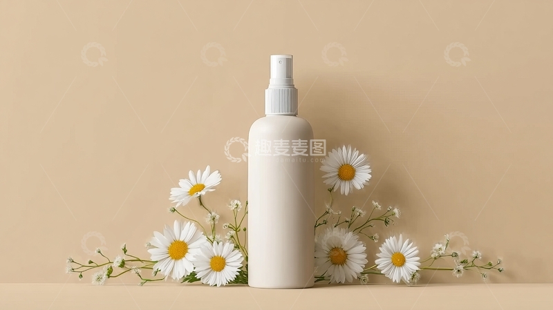 高清大图下载【趣麦麦图】白色喷雾瓶与雏菊在米色背景上的静物摆拍