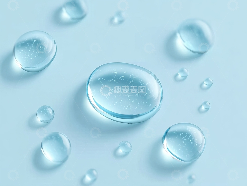高清大图下载【趣麦麦图】蓝色背景下晶莹剔透的水滴特写