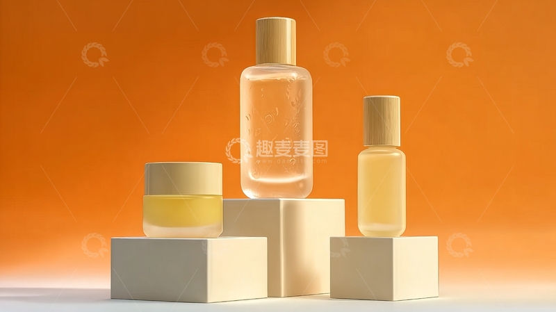 高清大图下载【趣麦麦图】橙色背景下四瓶护肤品陈列展示
